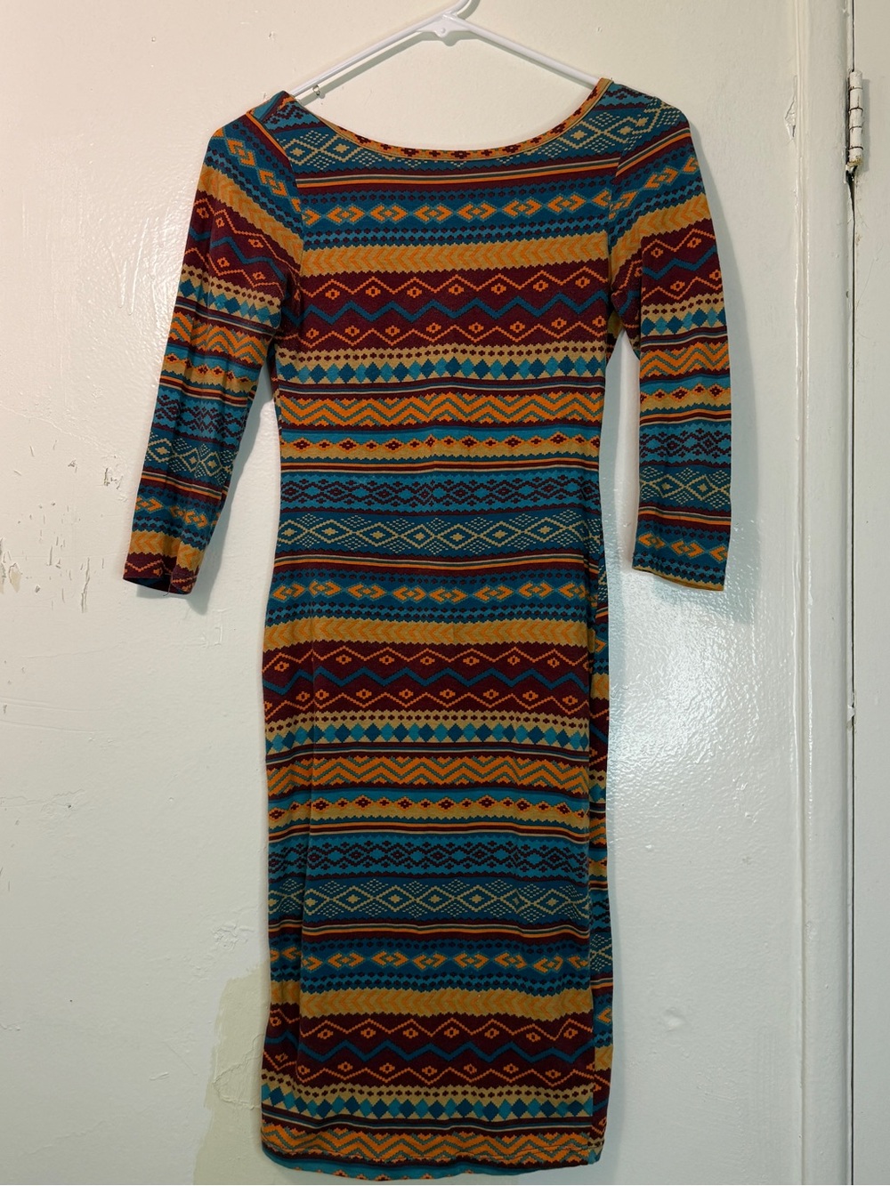 Papaya Aztec Geometric Low Scoop Back Bodycon Midi Dress Medium